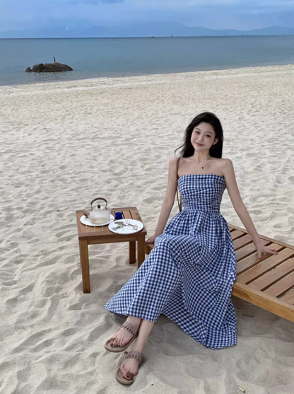 Fantastic A-Line Blue Plaid Maxi Dress Unique Adjustable Spaghetti Straps Cinched Bodice Long Dress AP3588