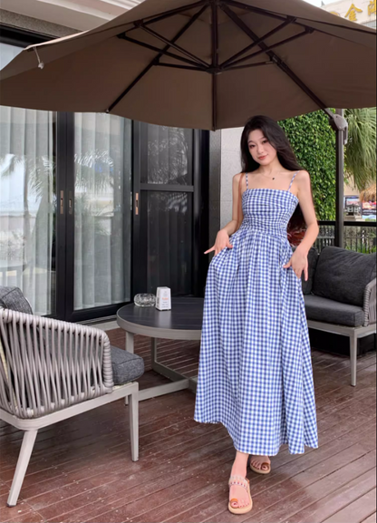 Fantastic A-Line Blue Plaid Maxi Dress Unique Adjustable Spaghetti Straps Cinched Bodice Long Dress AP3588