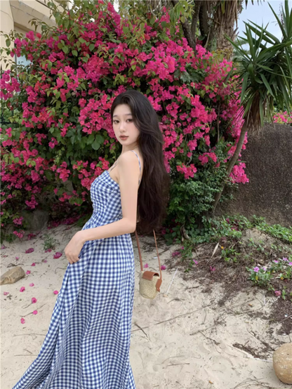 Fantastic A-Line Blue Plaid Maxi Dress Unique Adjustable Spaghetti Straps Cinched Bodice Long Dress AP3588