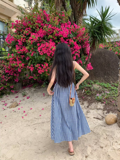 Fantastic A-Line Blue Plaid Maxi Dress Unique Adjustable Spaghetti Straps Cinched Bodice Long Dress AP3588