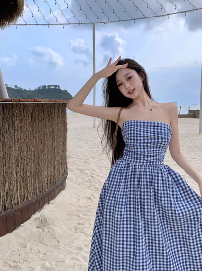 Fantastic A-Line Blue Plaid Maxi Dress Unique Adjustable Spaghetti Straps Cinched Bodice Long Dress AP3588