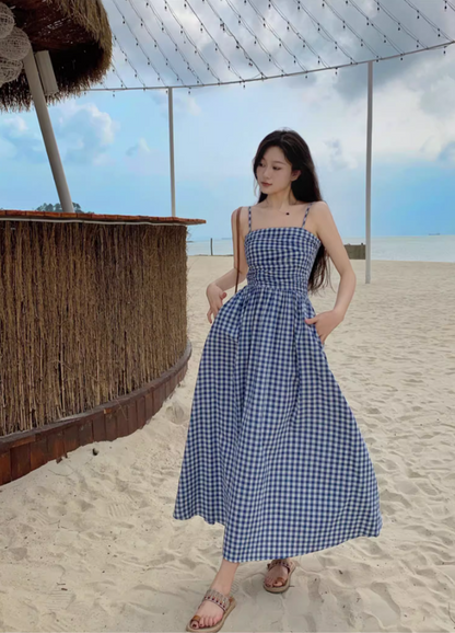 Fantastic A-Line Blue Plaid Maxi Dress Unique Adjustable Spaghetti Straps Cinched Bodice Long Dress AP3588