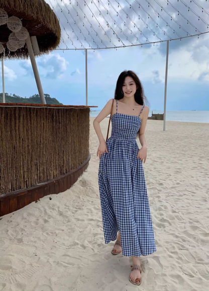 Fantastic A-Line Blue Plaid Maxi Dress Unique Adjustable Spaghetti Straps Cinched Bodice Long Dress AP3588