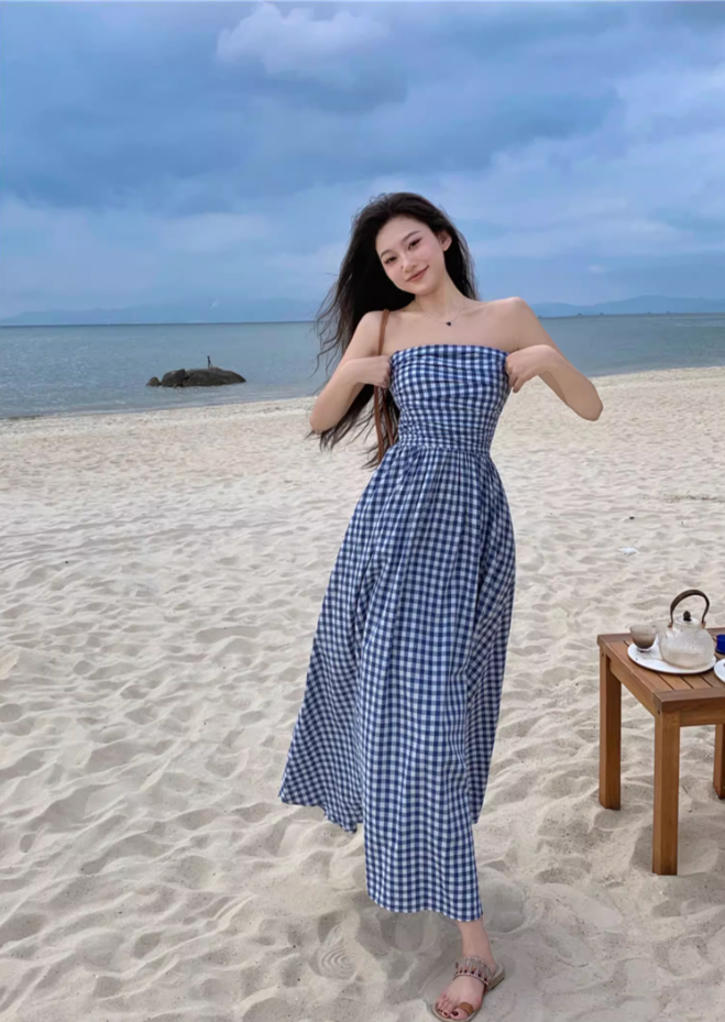 Fantastic A-Line Blue Plaid Maxi Dress Unique Adjustable Spaghetti Straps Cinched Bodice Long Dress AP3588