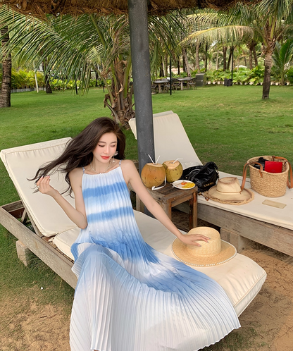 Classical Spaghetti Straps White & Blue Ombre Maxi Dress Novelty A-Line Pressed Pleated Long Dress AP3589