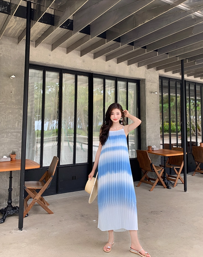 Classical Spaghetti Straps White & Blue Ombre Maxi Dress Novelty A-Line Pressed Pleated Long Dress AP3589