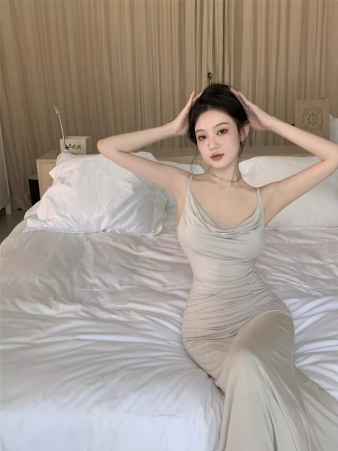 Elegant Cowl Neck Mermaid Maxi Dress Minimalism Spaghetti Straps Hottie Evening Long Dress AP3590