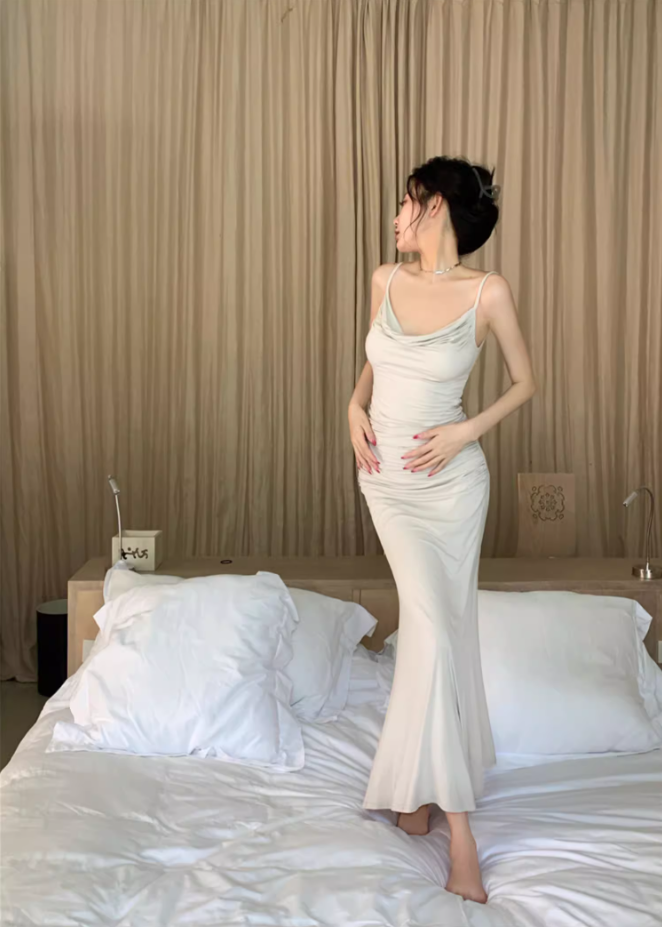 Elegant Cowl Neck Mermaid Maxi Dress Minimalism Spaghetti Straps Hottie Evening Long Dress AP3590