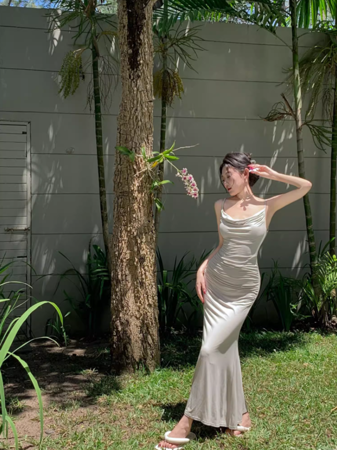 Elegant Cowl Neck Mermaid Maxi Dress Minimalism Spaghetti Straps Hottie Evening Long Dress AP3590