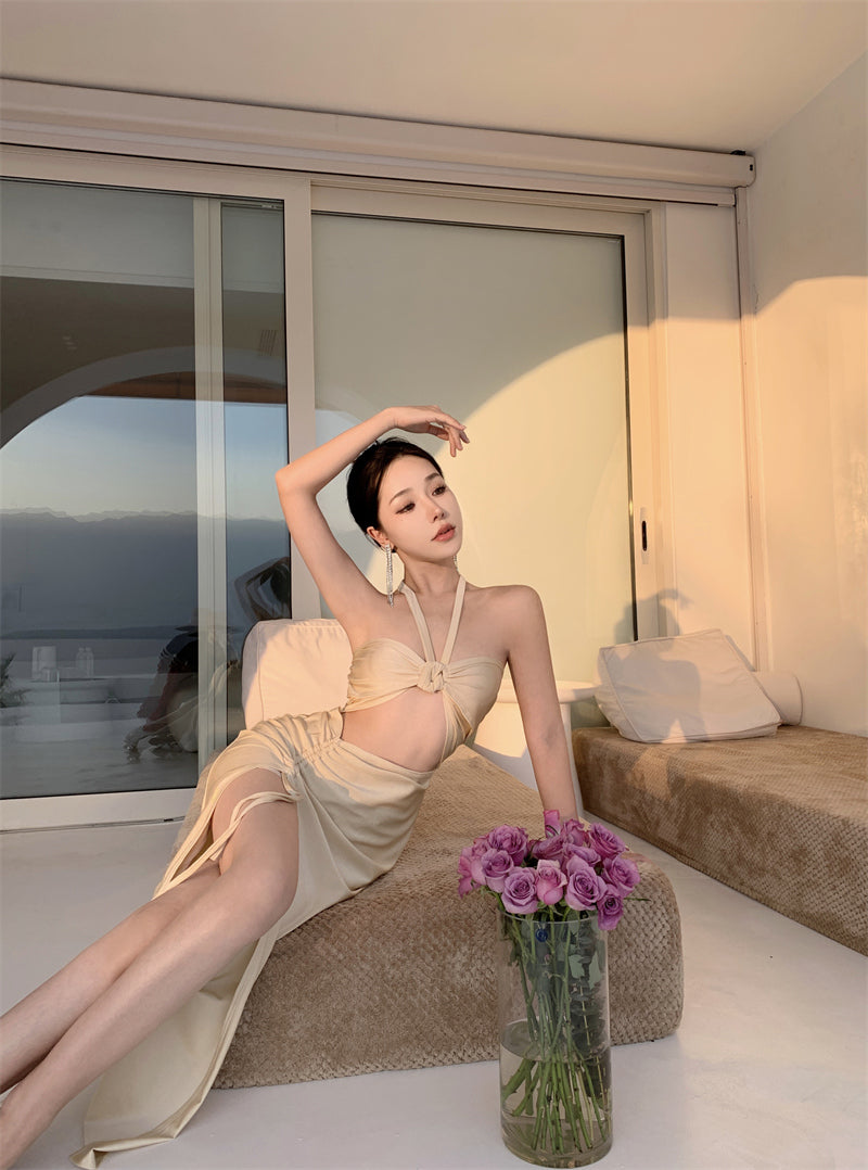 Graceful Cutout Gathered Backless Maxi Dress Vogue Vacays Outfit Sheath High-Slit Halter Long Dress AP3591