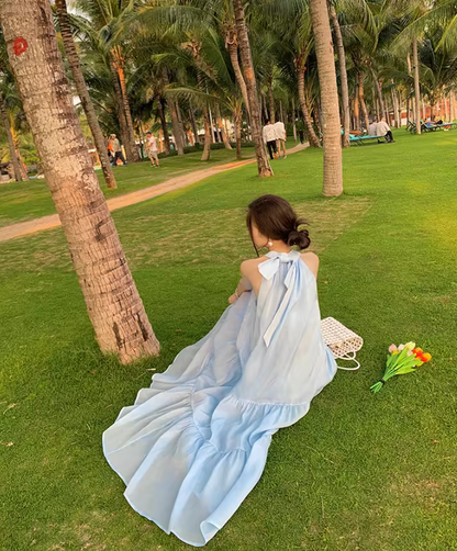 Luxury A-Line Flowy Blue Evening Maxi Dress Graceful Jewel Neck Tiered Hem Loose Fit Halter Long Dress AP3592