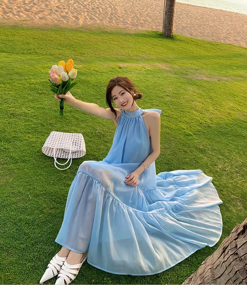 Luxury A-Line Flowy Blue Evening Maxi Dress Graceful Jewel Neck Tiered Hem Loose Fit Halter Long Dress AP3592