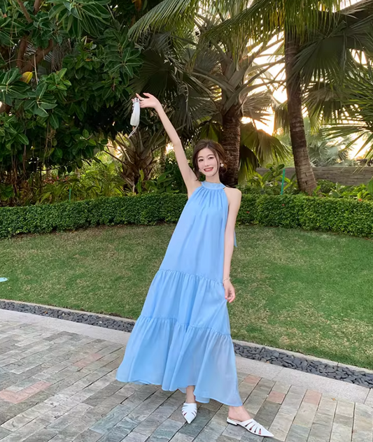 Luxury A-Line Flowy Blue Evening Maxi Dress Graceful Jewel Neck Tiered Hem Loose Fit Halter Long Dress AP3592