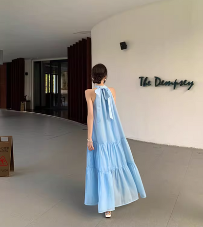 Luxury A-Line Flowy Blue Evening Maxi Dress Graceful Jewel Neck Tiered Hem Loose Fit Halter Long Dress AP3592