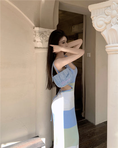 Luxurious Sheath Color-Block Design Maxi Dress Simple Spaghetti Straps Backless Cutout Long Dress AP3593