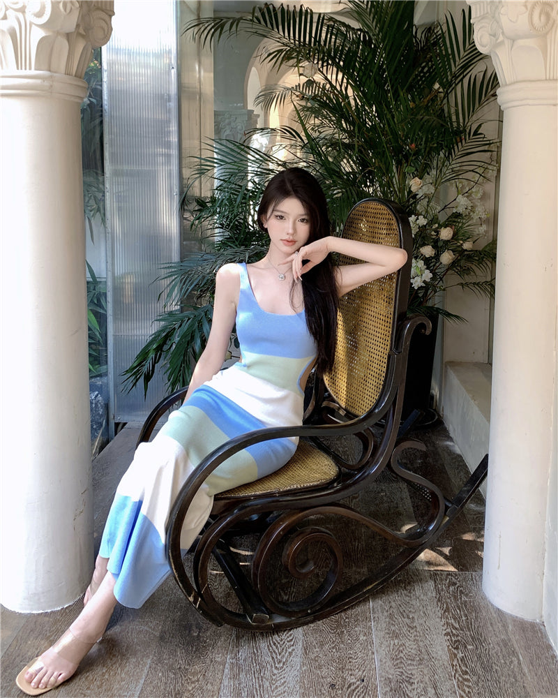 Luxurious Sheath Color-Block Design Maxi Dress Simple Spaghetti Straps Backless Cutout Long Dress AP3593