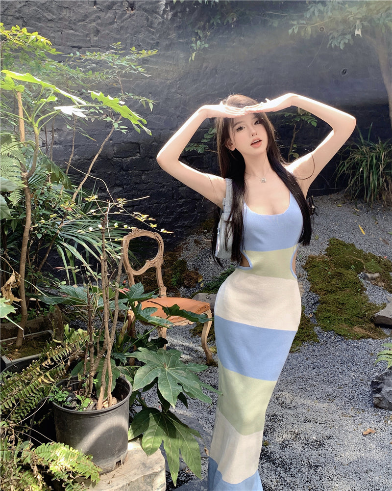 Luxurious Sheath Color-Block Design Maxi Dress Simple Spaghetti Straps Backless Cutout Long Dress AP3593