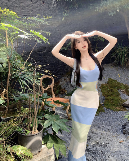 Luxurious Sheath Color-Block Design Maxi Dress Simple Spaghetti Straps Backless Cutout Long Dress AP3593