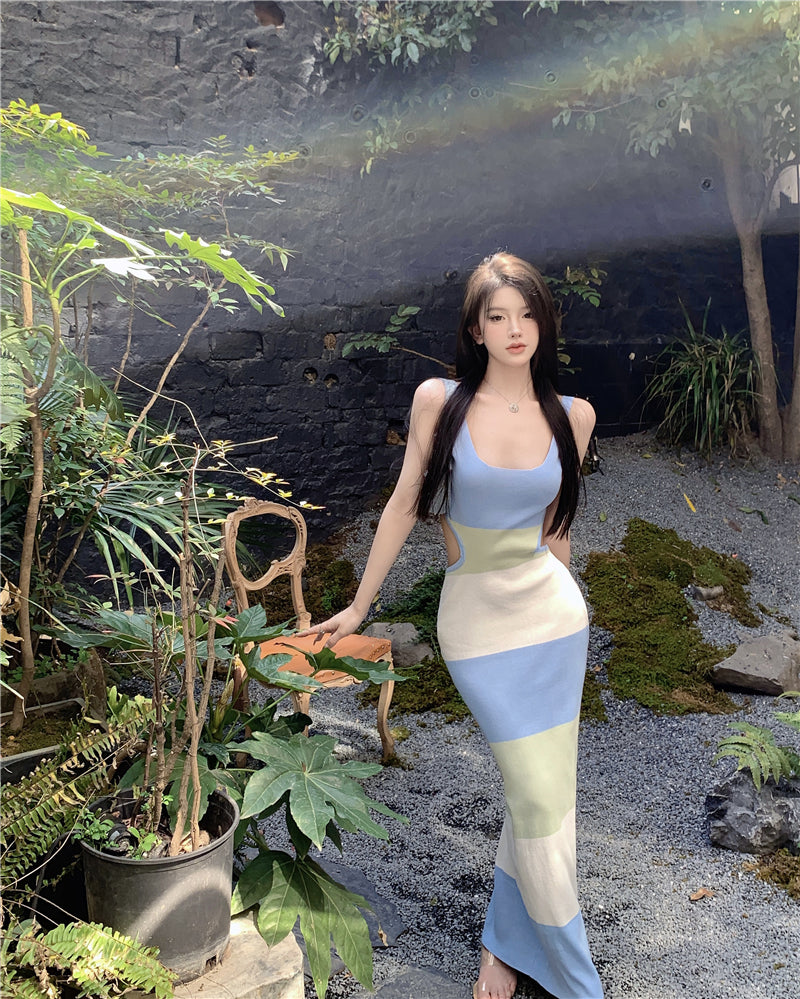 Luxurious Sheath Color-Block Design Maxi Dress Simple Spaghetti Straps Backless Cutout Long Dress AP3593