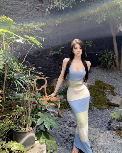 Luxurious Sheath Color-Block Design Maxi Dress Simple Spaghetti Straps Backless Cutout Long Dress AP3593