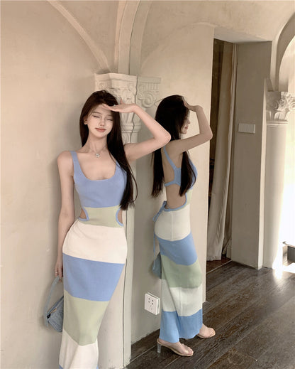 Luxurious Sheath Color-Block Design Maxi Dress Simple Spaghetti Straps Backless Cutout Long Dress AP3593