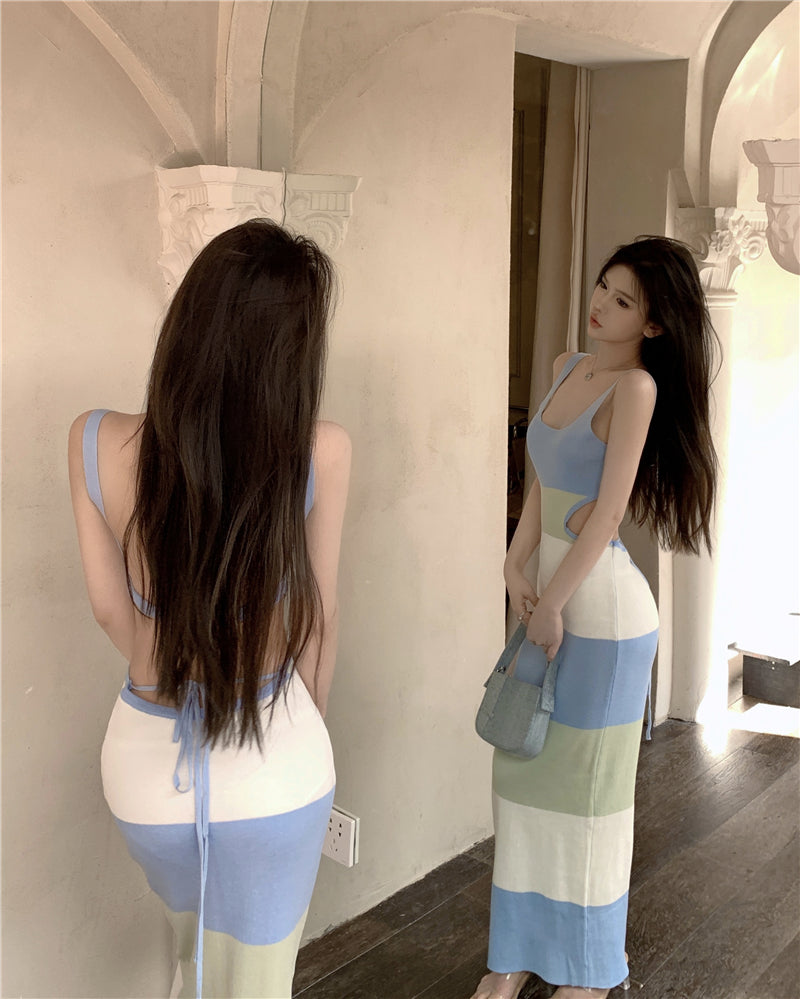 Luxurious Sheath Color-Block Design Maxi Dress Simple Spaghetti Straps Backless Cutout Long Dress AP3593