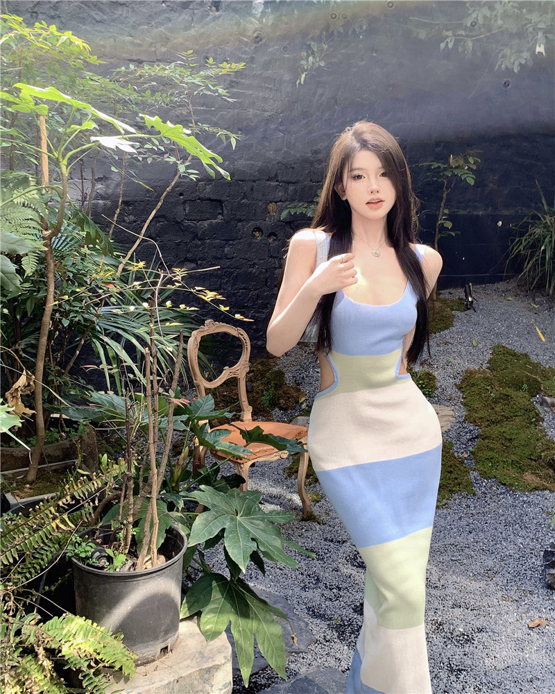 Luxurious Sheath Color-Block Design Maxi Dress Simple Spaghetti Straps Backless Cutout Long Dress AP3593