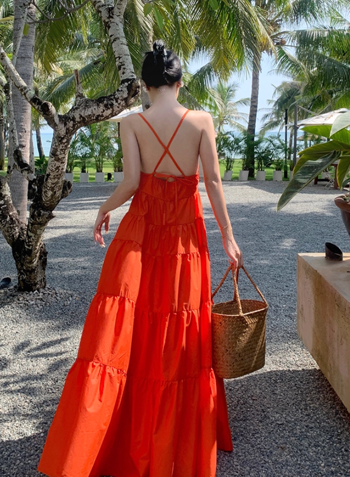 Chic A-Line Crisscross Back Orange Maxi Dress Sweet Getaways Outfit Spaghetti Straps Flowy Hem Long Dress AP3594