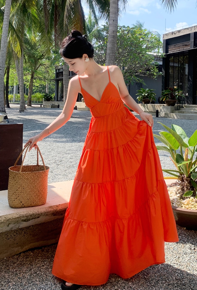 Chic A-Line Crisscross Back Orange Maxi Dress Sweet Getaways Outfit Spaghetti Straps Flowy Hem Long Dress AP3594