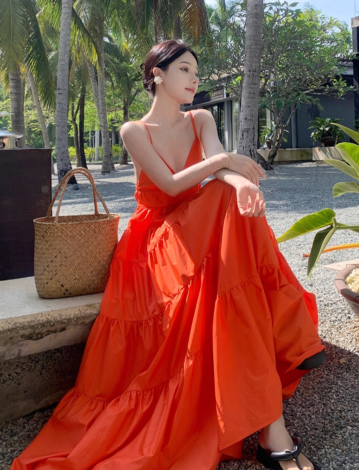 Chic A-Line Crisscross Back Orange Maxi Dress Sweet Getaways Outfit Spaghetti Straps Flowy Hem Long Dress AP3594