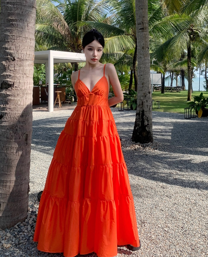 Chic A-Line Crisscross Back Orange Maxi Dress Sweet Getaways Outfit Spaghetti Straps Flowy Hem Long Dress AP3594