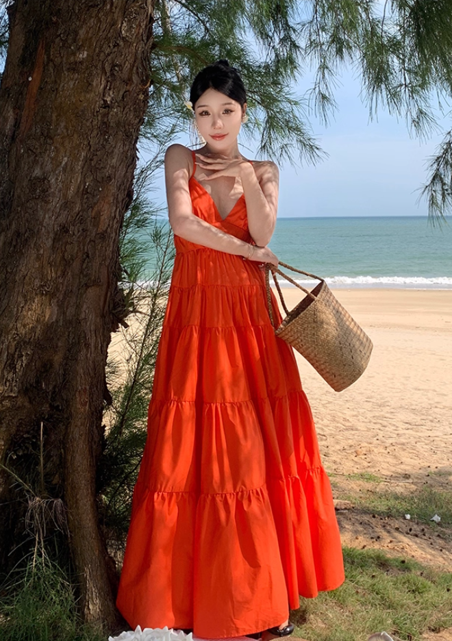 Chic A-Line Crisscross Back Orange Maxi Dress Sweet Getaways Outfit Spaghetti Straps Flowy Hem Long Dress AP3594