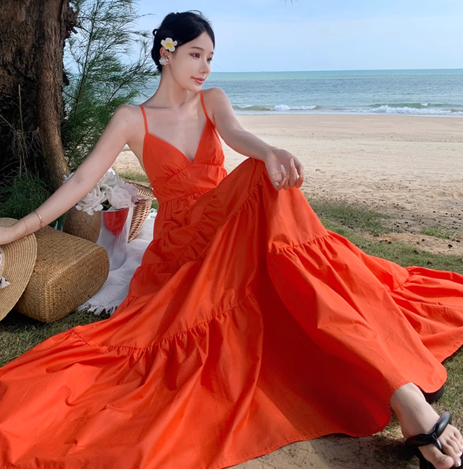 Chic A-Line Crisscross Back Orange Maxi Dress Sweet Getaways Outfit Spaghetti Straps Flowy Hem Long Dress AP3594