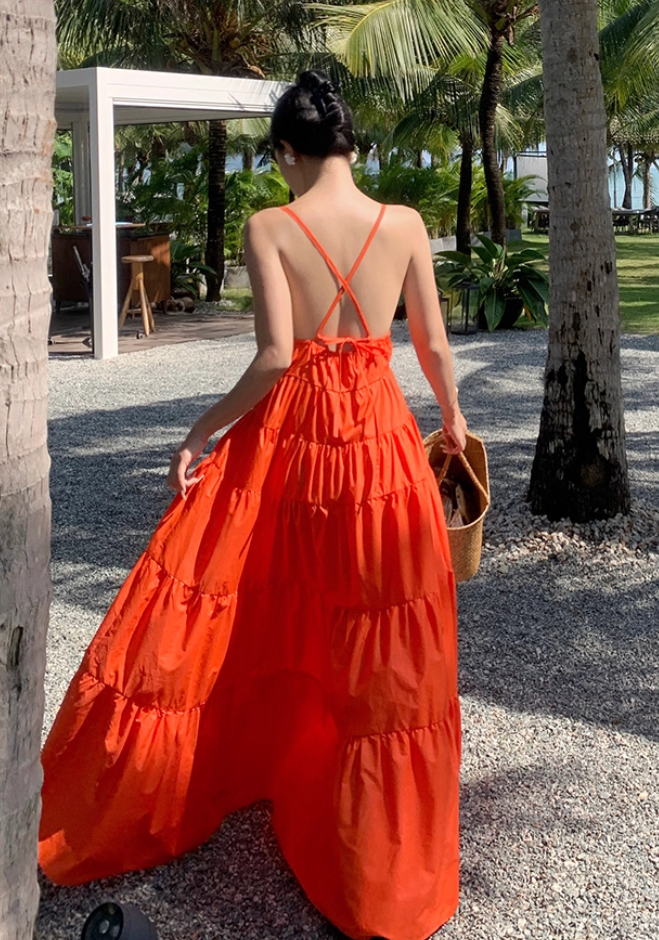 Chic A-Line Crisscross Back Orange Maxi Dress Sweet Getaways Outfit Spaghetti Straps Flowy Hem Long Dress AP3594