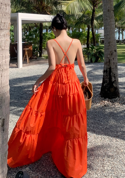 Chic A-Line Crisscross Back Orange Maxi Dress Sweet Getaways Outfit Spaghetti Straps Flowy Hem Long Dress AP3594