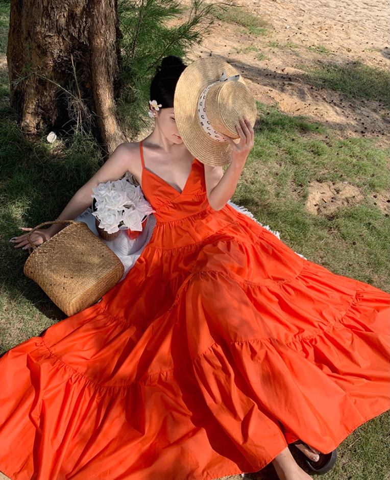 Chic A-Line Crisscross Back Orange Maxi Dress Sweet Getaways Outfit Spaghetti Straps Flowy Hem Long Dress AP3594