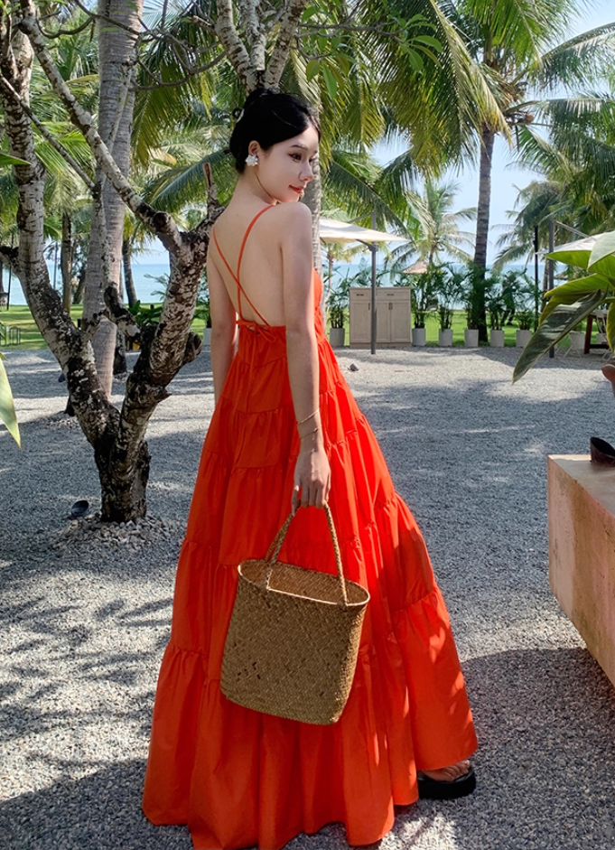 Chic A-Line Crisscross Back Orange Maxi Dress Sweet Getaways Outfit Spaghetti Straps Flowy Hem Long Dress AP3594