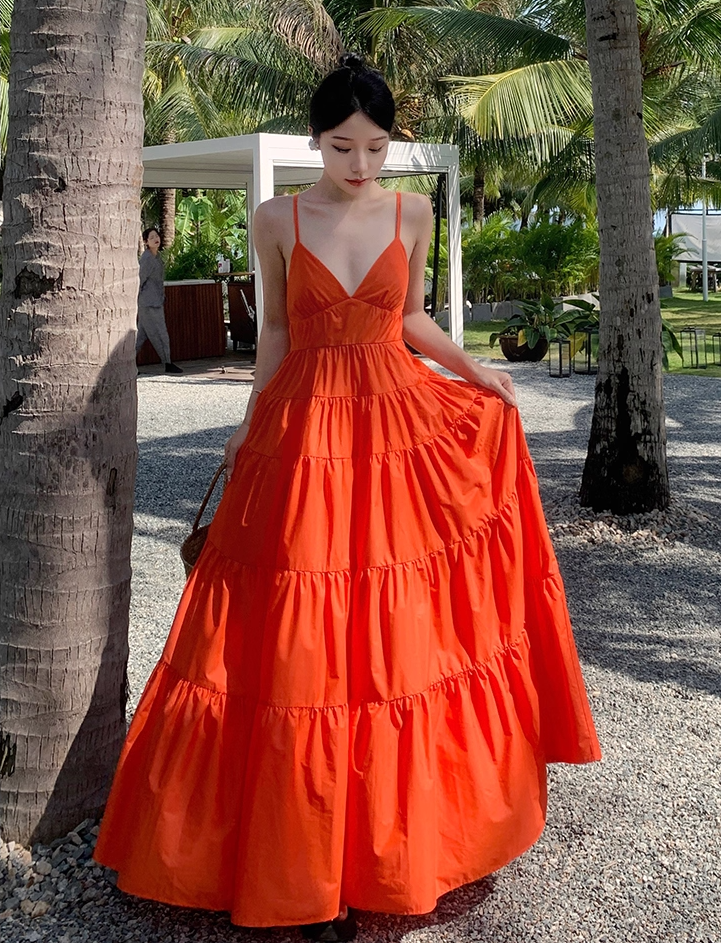 Chic A-Line Crisscross Back Orange Maxi Dress Sweet Getaways Outfit Spaghetti Straps Flowy Hem Long Dress AP3594