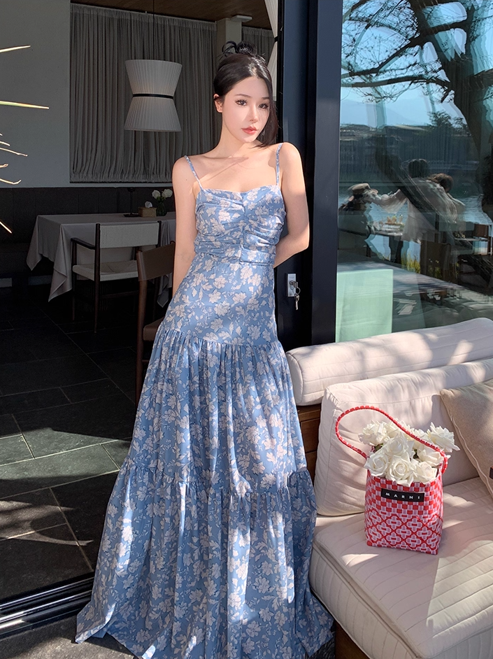 Fabulous A-Line Bow-Know Cutout Maxi Dress Vogue Floral Print Spaghetti Straps Cinched Bodice Long Dress AP3595