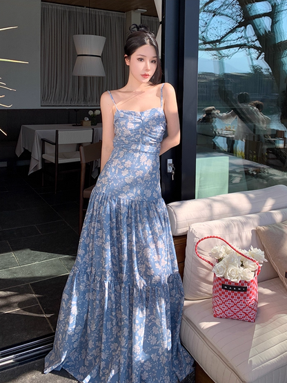 Fabulous A-Line Bow-Know Cutout Maxi Dress Vogue Floral Print Spaghetti Straps Cinched Bodice Long Dress AP3595