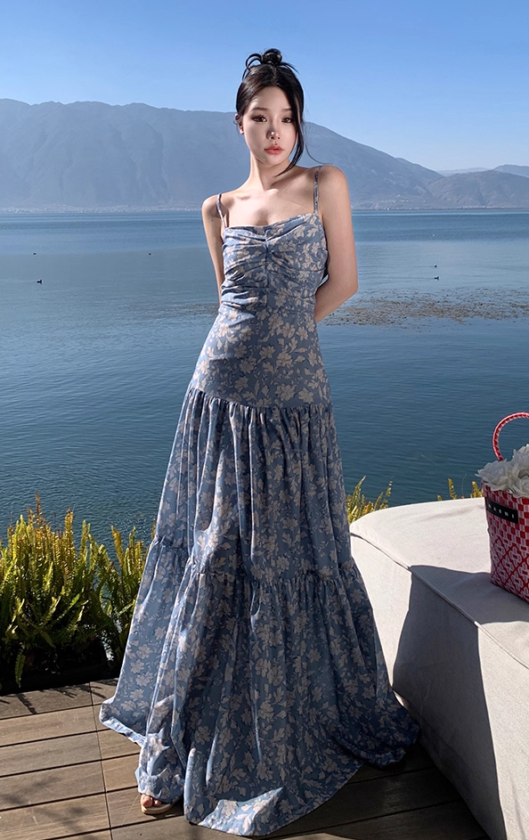 Fabulous A-Line Bow-Know Cutout Maxi Dress Vogue Floral Print Spaghetti Straps Cinched Bodice Long Dress AP3595