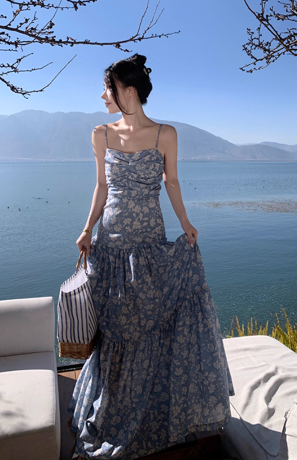 Fabulous A-Line Bow-Know Cutout Maxi Dress Vogue Floral Print Spaghetti Straps Cinched Bodice Long Dress AP3595