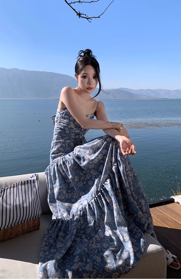 Fabulous A-Line Bow-Know Cutout Maxi Dress Vogue Floral Print Spaghetti Straps Cinched Bodice Long Dress AP3595