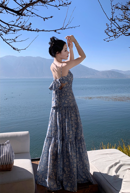 Fabulous A-Line Bow-Know Cutout Maxi Dress Vogue Floral Print Spaghetti Straps Cinched Bodice Long Dress AP3595