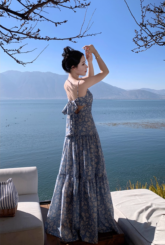 Fabulous A-Line Bow-Know Cutout Maxi Dress Vogue Floral Print Spaghetti Straps Cinched Bodice Long Dress AP3595