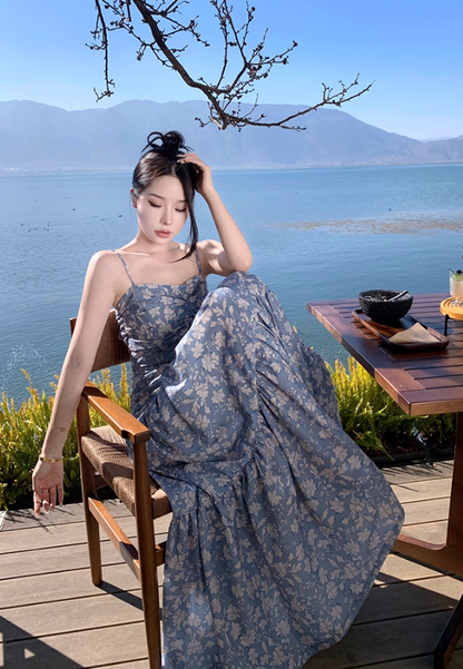 Fabulous A-Line Bow-Know Cutout Maxi Dress Vogue Floral Print Spaghetti Straps Cinched Bodice Long Dress AP3595