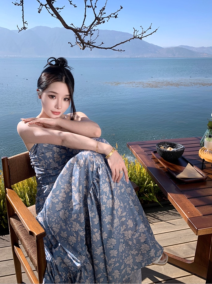 Fabulous A-Line Bow-Know Cutout Maxi Dress Vogue Floral Print Spaghetti Straps Cinched Bodice Long Dress AP3595