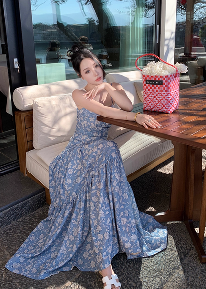 Fabulous A-Line Bow-Know Cutout Maxi Dress Vogue Floral Print Spaghetti Straps Cinched Bodice Long Dress AP3595