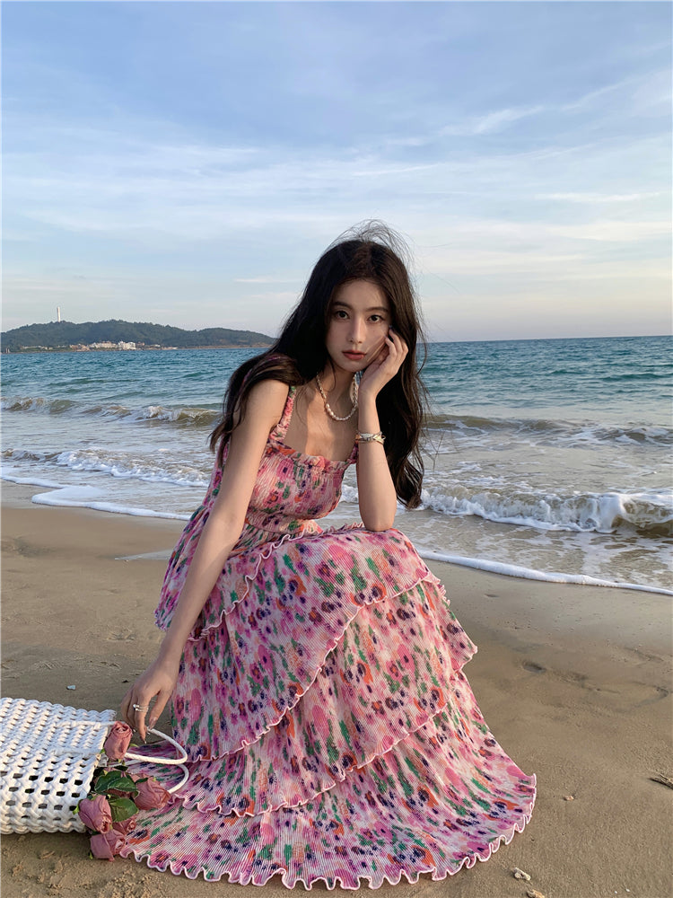 Ornate Floral Print A-Line Cinched Bodice Maxi Dress Glamorous Spaghetti Straps Tiered Hem Long Dress AP3596