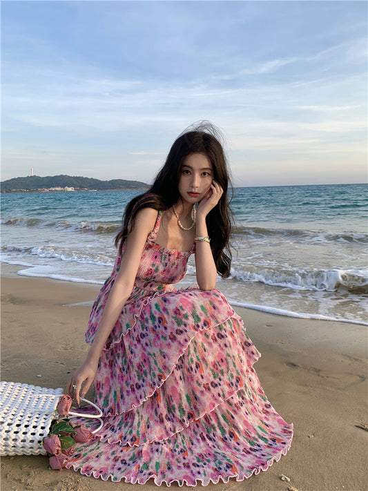 Ornate Floral Print A-Line Cinched Bodice Maxi Dress Glamorous Spaghetti Straps Tiered Hem Long Dress AP3596